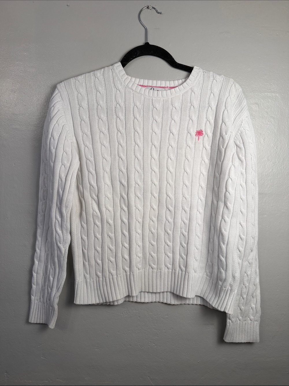 Lilly Pulitzer White Cable Knit Sweater with Pink Palm Embroidery size medium